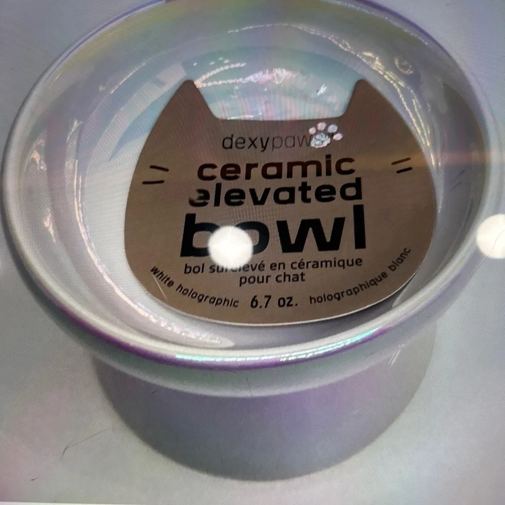 Pet Bowl dexypaws Ceramic elevated bowl 6.7oz White Holographic New